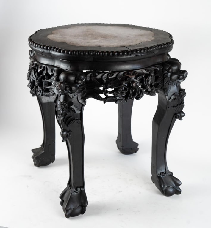 CHINESE MARBLE INSET ANTIQUE CARVED STAND: Chinese marble inset carved table. Note: Each lot in this auction was stored in an active industrial warehouse. Accordingly, lots may exhibit dust and/or surface residue and may benefit from cleaning.