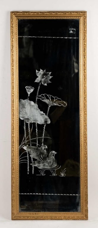 ASIAN ETCHED GLASS MIRRORS WITH WATERFOWL: Etched glass mirror with waterfowl. Note: Each lot in this auction was stored in an active industrial warehouse. Accordingly, lots may exhibit dust and/or surface residue and may benefit from cleaning