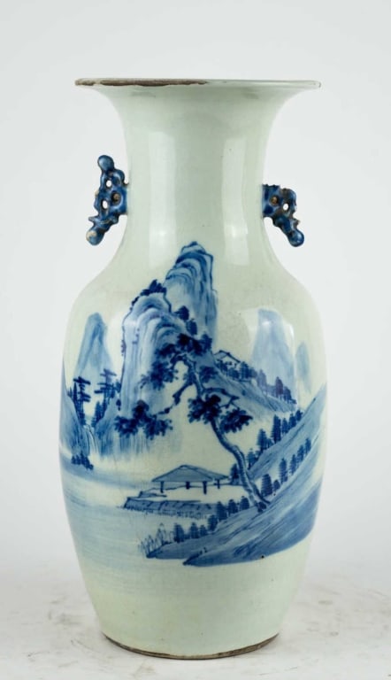 CHINESE 19TH C. LANDSCAPE BALUSTER VASE: Chinese 19th c. Landscape vase. Note: Each lot in this auction was stored in an active industrial warehouse. Accordingly, lots may exhibit dust and/or surface residue and may benefit from cleaning. Ap
