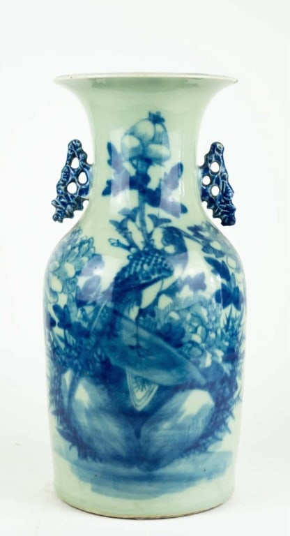 CHINESE ANTIQUE FLORAL & BIRD MOTIF BALUSTER VASE: 19th c. Chinese floral & bird motif baluster vase. Note: Each lot in this auction was stored in an active industrial warehouse. Accordingly, lots may exhibit dust and/or surface residue and may benefi