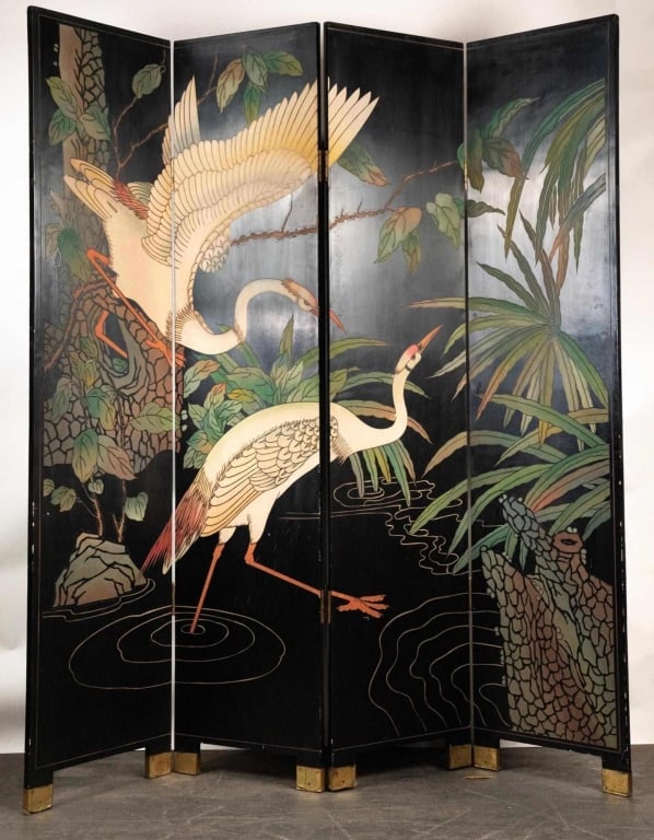 CHINESE FOUR PANEL ORIENTAL SCREEN WITH CRANES (1 of 6)
