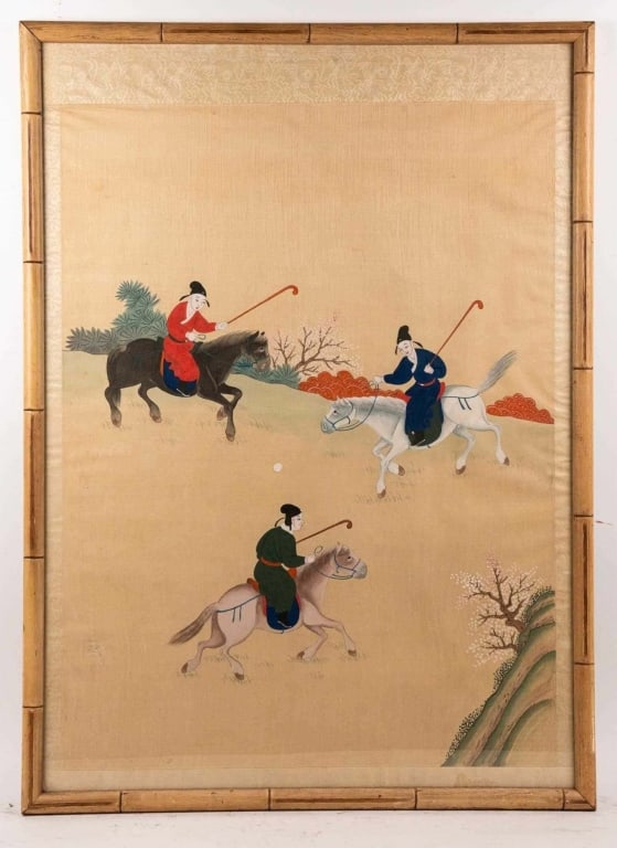 CHINESE HORSEBACK RIDING SCENE, GOUACHE ON SILK: Gouache on silk. Apparently unsigned. Framed. Note: Each lot in this auction was stored in an active industrial warehouse. Accordingly, lots may exhibit dust and/or surface residue and may benefit fro