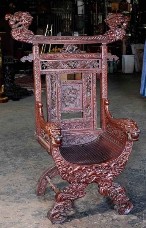 CHINESE ANTIQUE EMPRESS HAND-CARVED THRONE CHAIR: Chinese, late 19th - early 20th century. Fine filigree carving. Note: Each lot in this auction was stored in an active industrial warehouse. Accordingly, lots may exhibit dust and/or surface residue a