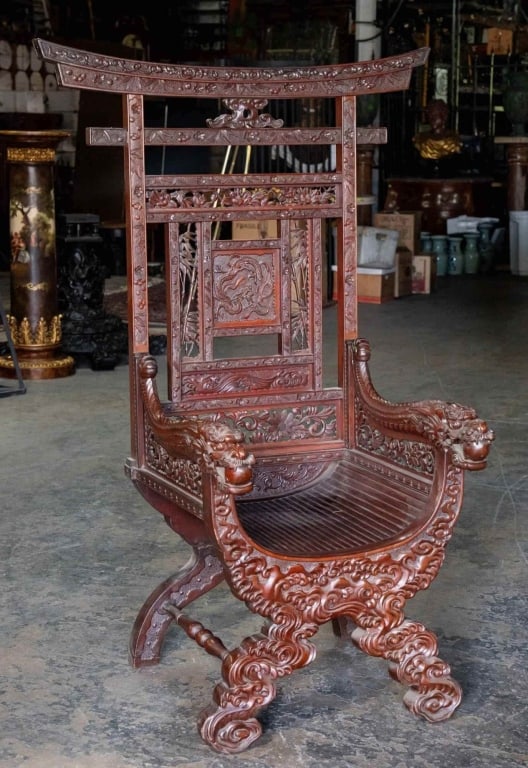 CHINESE ANTIQUE EMPEROR HAND-CARVED THRONE CHAIR: Chinese, late 19th - early 20th century. Fine filigree carving. Note: Each lot in this auction was stored in an active industrial warehouse. Accordingly, lots may exhibit dust and/or surface residue a