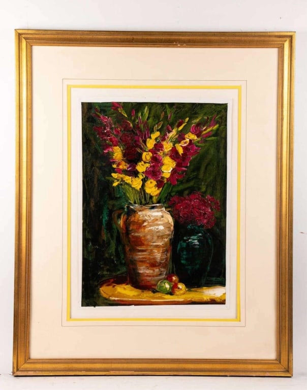 FLORAL STILL LIFE, ACRYLIC ON CANVAS: Acrylic on canvas. Signed "Melinda Trick Chandler" to ur. Framed. Note: Each lot in this auction was stored in an active industrial warehouse. Accordingly, lots may exhibit dust and/or surface residue