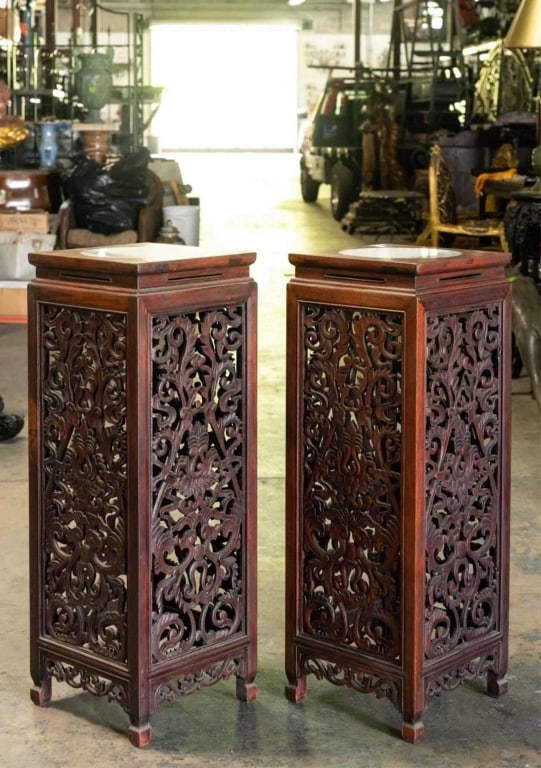 CHINESE MARBLE INSET ANTIQUE HAND CARVED STANDS (1 of 4)