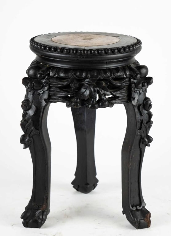 CHINESE MARBLE INSET ANTIQUE TIRPOD CARVED STAND: Chinese marble inset antique tripod carved stand. Note: Each lot in this auction was stored in an active industrial warehouse. Accordingly, lots may exhibit dust and/or surface residue and may benefit