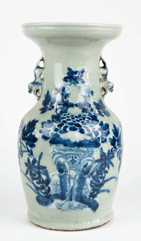 19TH C. CHINESE CELADON FLORAL MOTIF VASE: 19th c. Chinese celadon floral motif vase. Note: Each lot in this auction was stored in an active industrial warehouse. Accordingly, lots may exhibit dust and/or surface residue and may benefit from c
