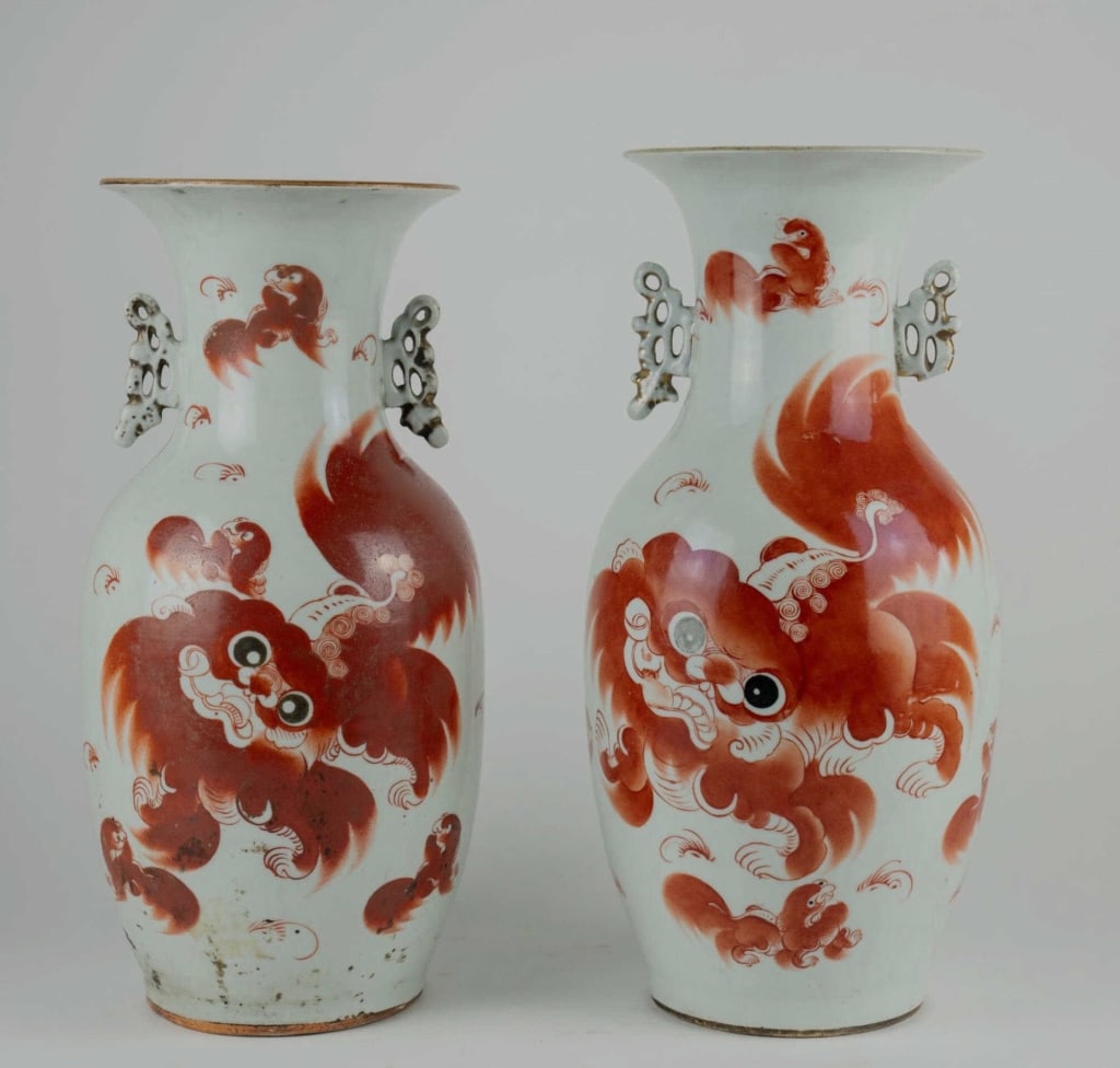CHINESE 19TH C. RED DRAGON BALUSTER VASES (1 of 5)