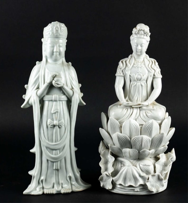 CHINESE BLANC DE CHINE 19TH C. GUANYIN PAIRING: Chinese blanc de chine 19th c. Guanyin pairing. Note: Each lot in this auction was stored in an active industrial warehouse. Accordingly, lots may exhibit dust and/or surface residue and may benefit f