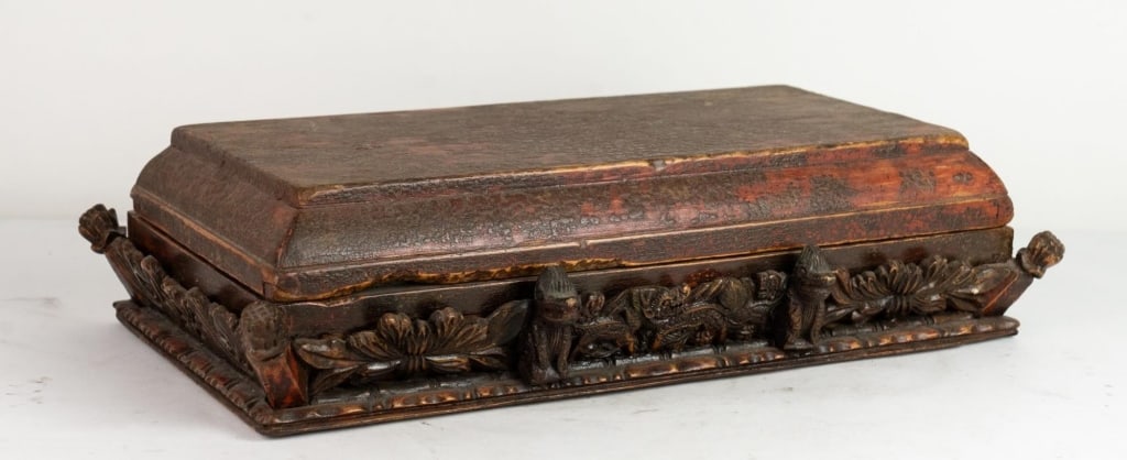CHINESE ANTIQUE CARVED WOOD LOW BOX PLINTH: Chinese antique carved wood low box plinth with lid. Note: Each lot in this auction was stored in an active industrial warehouse. Accordingly, lots may exhibit dust and/or surface residue and may bene