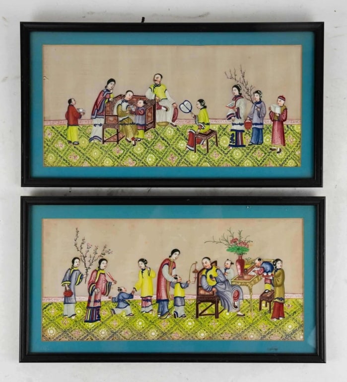 CHINESE FAMILY PAIR OF PORTRAITS ON SILK: Chinese family pair of portraits on silk early 20th c. Note: Each lot in this auction was stored in an active industrial warehouse. Accordingly, lots may exhibit dust and/or surface residue and may be