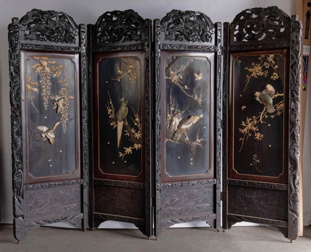 19TH C. MEIJI 4 PANEL SCREEN WITH BONE RELIEF OF B: 19th c. Meiji 4 panel screen with bone relief of birds. Note: Each lot in this auction was stored in an active industrial warehouse. Accordingly, lots may exhibit dust and/or surface residue and may b