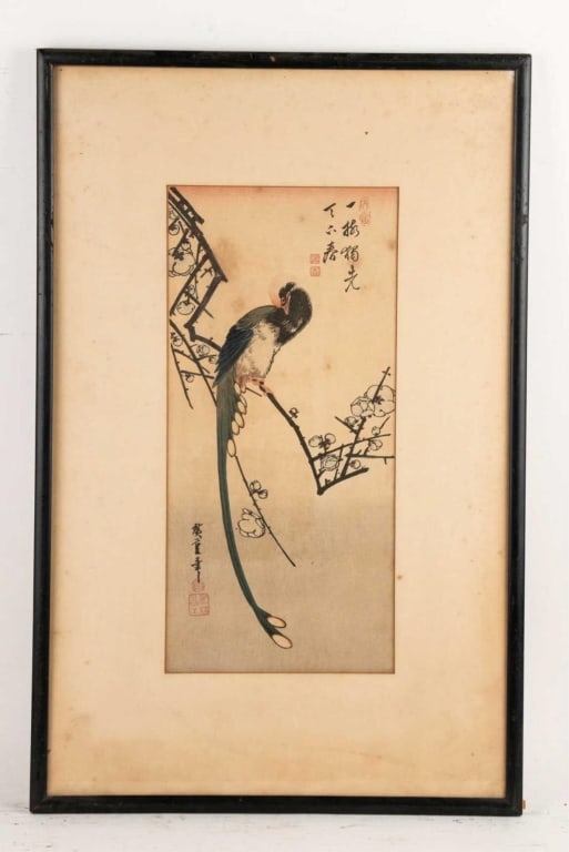 JAPANESE WOODBLOCK PRINT FRAMED: Japanese woodblock print in frame. Note: Each lot in this auction was stored in an active industrial warehouse. Accordingly, lots may exhibit dust and/or surface residue and may benefit from cleaning.