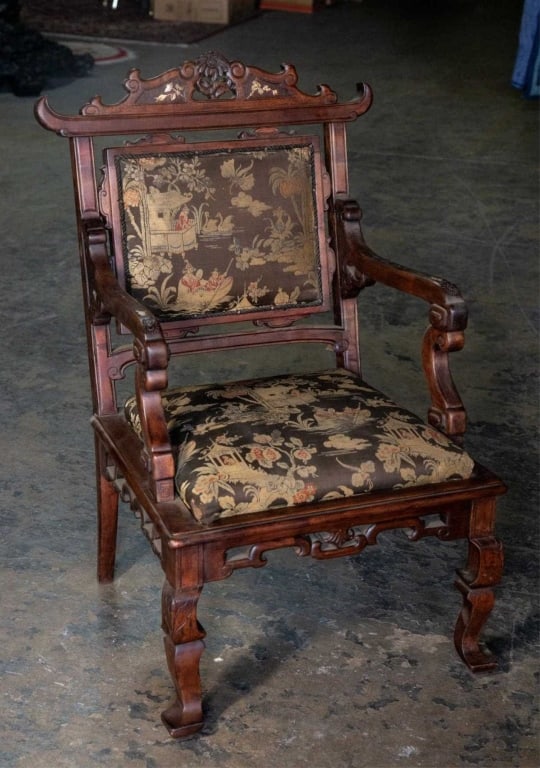 GABRIEL VIARDOT, IMPORTANT PAGODA CHAIR: Attributed to Gabriel Viardot (French, 1830-1906). Important pagoda arm chair Japanese influenced , 19th century. Mother of pearl inlay, bone decorated, black silk chinoiserie fabric. Note: Each lot i