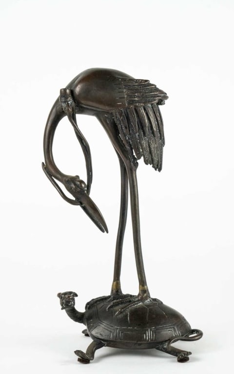 JAPANESE BRONZE HERON & TORTOISE SCULPTURE (1 of 5)