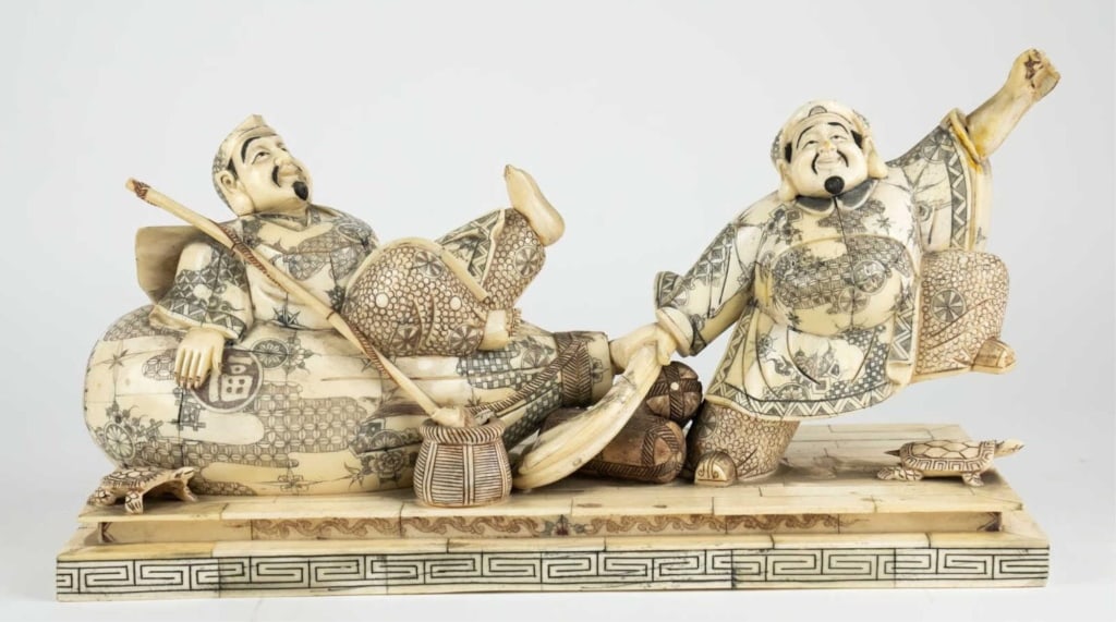 JAPANESE BONE FIGURAL SCULPTURE: Japanese bone figural sculpture. Note: Each lot in this auction was stored in an active industrial warehouse. Accordingly, lots may exhibit dust and/or surface residue and may benefit from cleaning. A