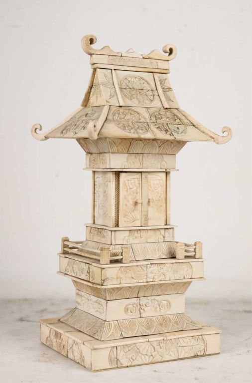 TESSELLATED AND CARVED BONE ASIAN SHRINE: Tessellated and carved bone Asian shrine. Note: Each lot in this auction was stored in an active industrial warehouse. Accordingly, lots may exhibit dust and/or surface residue and may benefit from cl