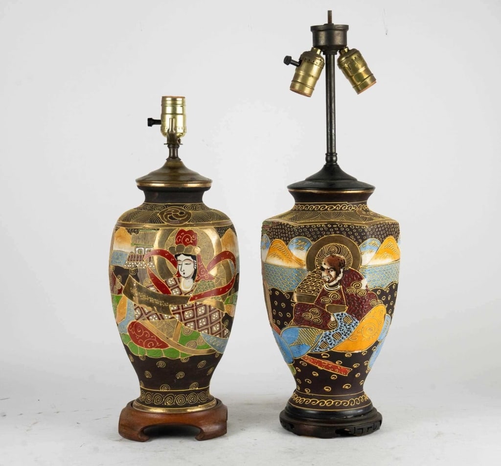 JAPANESE VINTAGE SATSUMA URNS MOUNTED AS LAMPS: Two vintage satsuma urns mounted as lamps. Note: Each lot in this auction was stored in an active industrial warehouse. Accordingly, lots may exhibit dust and/or surface residue and may benefit from c