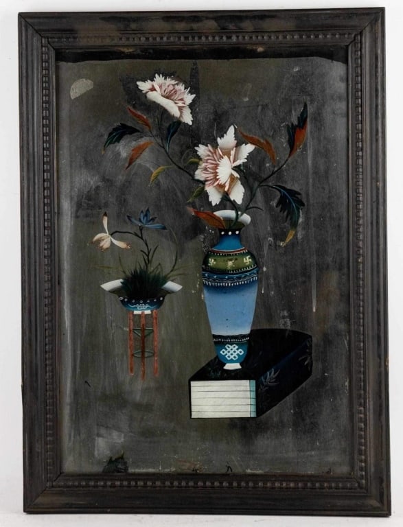 ASIAN ANTIQUE REVERSE GLASS PAINTED MIRROR (1 of 8)