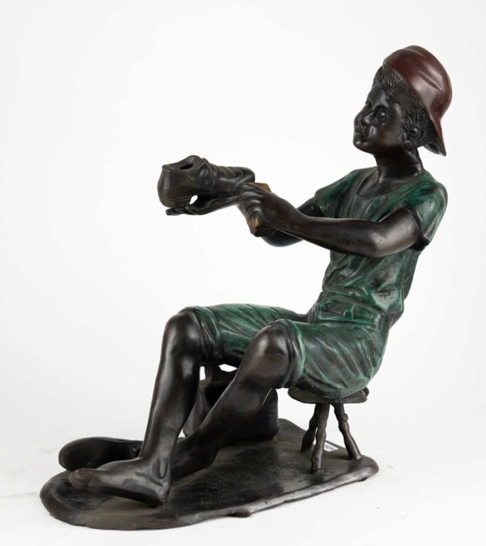 SIGNED 20TH C. SHOE COBBLER BRONZE SCULPTURE: Signed 20th c. Shoe cobbler bronze sculpture signed. Note: Each lot in this auction was stored in an active industrial warehouse. Accordingly, lots may exhibit dust and/or surface residue and may bene