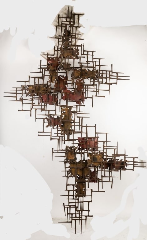 SILAS SEANDEL MIXED METAL BRUTALIST SCULPTURE: Silas Seandel (American, b. 1937). Mixed metal brutalist wall sculpture, signed. Note: Each lot in this auction was stored in an active industrial warehouse. Accordingly, lots may exhibit dust and/or