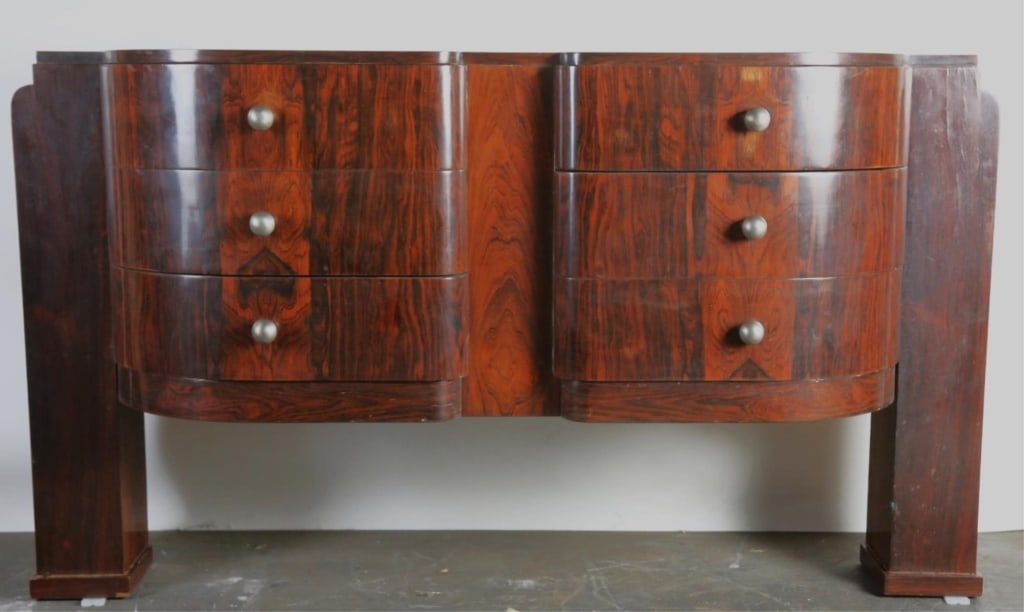 ART DECO STYLE ROSEWOOD CONSOLE: Art deco style rosewood console. Note: Each lot in this auction was stored in an active industrial warehouse. Accordingly, lots may exhibit dust and/or surface residue and may benefit from cleaning. A
