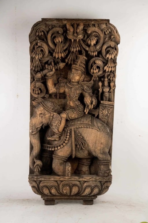 SOUTH ASIAN CARVED WOOD RELIEF WITH ELEPHANT: South Asian carved wood relief with elephant. Note: Each lot in this auction was stored in an active industrial warehouse. Accordingly, lots may exhibit dust and/or surface residue and may benefit fro