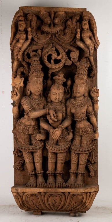 SOUTH ASIAN CARVED WOOD RELIEF WITH DEITIES: South Asian carved wood relief with deities. Note: Each lot in this auction was stored in an active industrial warehouse. Accordingly, lots may exhibit dust and/or surface residue and may benefit from