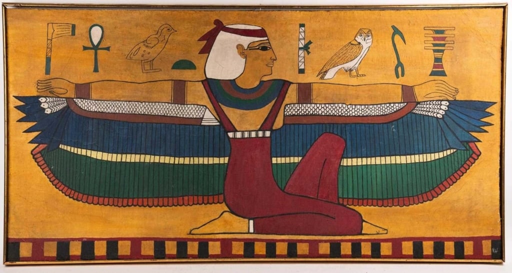 RICK WEISENBURGER EGYPTIAN WORK ON CANVAS: 20th century stylized Egyptian figure with outstretched arms and hieroglyphic motifs, oil on canvas, signed with monogram lower right and inscribed Rick Weisenburger to verso of frame, gilt frame. Not