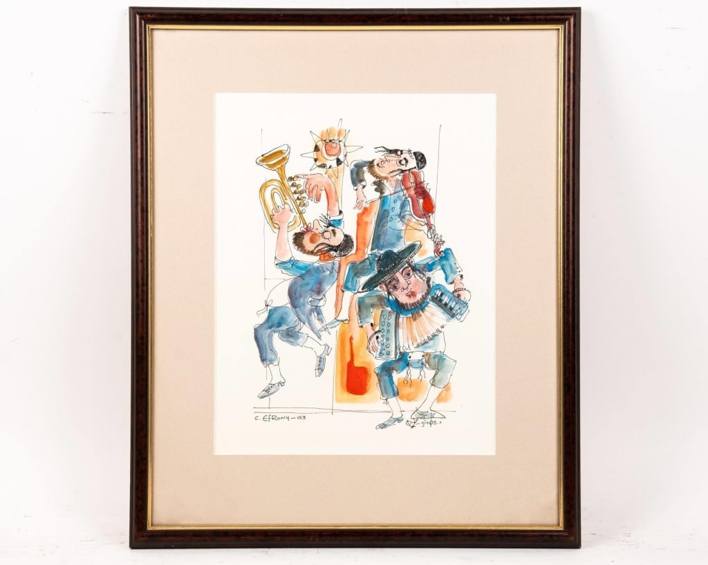 CATRIEL EFRONY, MIXED MEDIA DRAWING OF BAND: Catriel Efrony (Israeli, 1923-2011), watercolor and ink drawing of a Jewish band, signed and dated LL, signed in Hebrew in plate LR. Note: Each lot in this auction was stored in an active industrial w