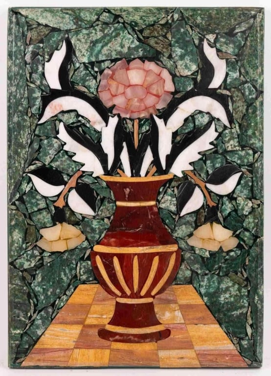 ITALIAN PIETRA DURA MARBLE PLAQUE: Italian Pietra dura marble plaque. Note: Each lot in this auction was stored in an active industrial warehouse. Accordingly, lots may exhibit dust and/or surface residue and may benefit from cleaning.