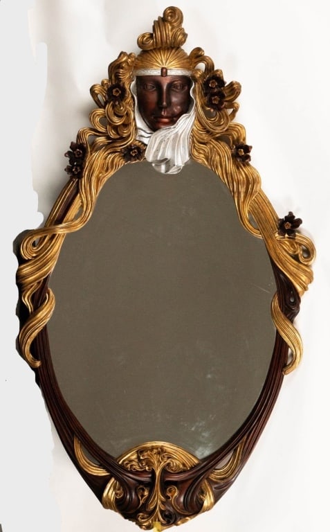 ART NOUVEAU STYLE MIRROR WITH GILT AND SILVER: Art nouveau style mirror with gilt and silver. Note: Each lot in this auction was stored in an active industrial warehouse. Accordingly, lots may exhibit dust and/or surface residue and may benefit fr