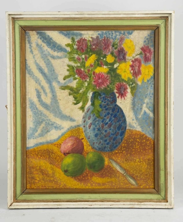 SIGNED STILL LIFE PAINTING, OIL ON CANVAS: Signed still life painting, oil on canvas signed to ll. Framed. Note: Each lot in this auction was stored in an active industrial warehouse. Accordingly, lots may exhibit dust and/or surface residue a