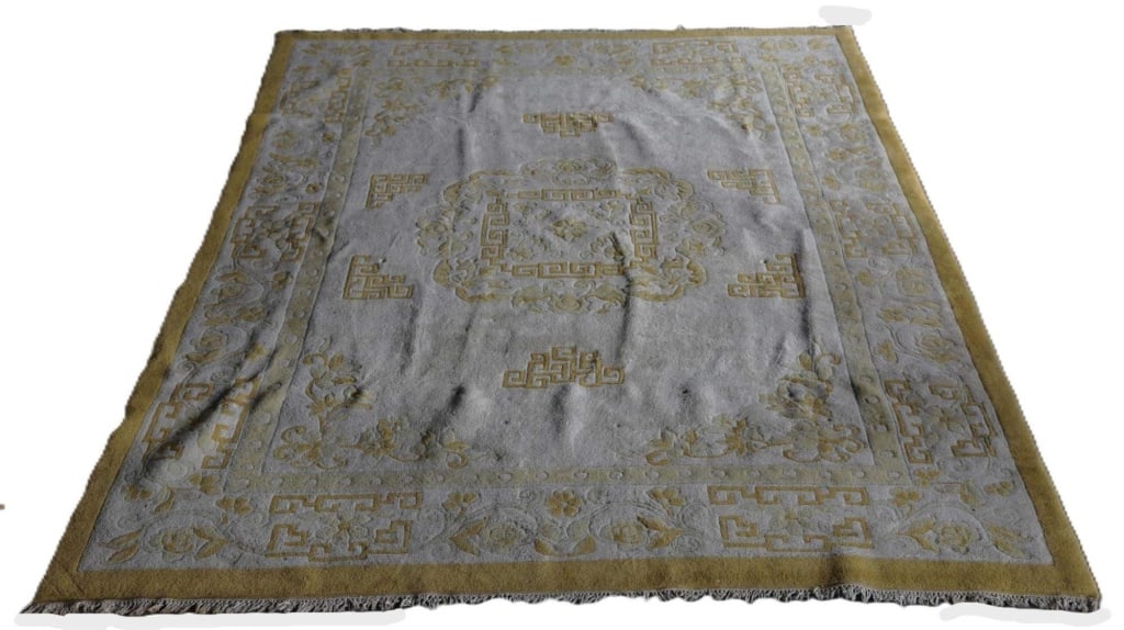 CHINESE CANARY YELLOW ROYAL RAMA SCULPTED RUG: Chinese canary yellow royal rama sculpted room size rug. Note: Each lot in this auction was stored in an active industrial warehouse. Accordingly, lots may exhibit dust and/or surface residue and may 