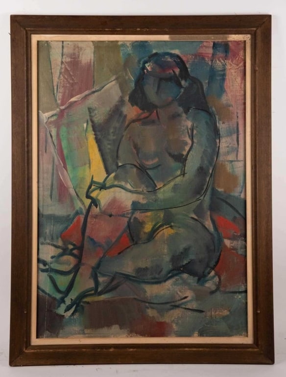ABSTRACT FEMALE NUDE PORTRAIT, O/C: Oil on canvas. Apparently unsigned. Framed. Note: Each lot in this auction was stored in an active industrial warehouse. Accordingly, lots may exhibit dust and/or surface residue and may benefit from 