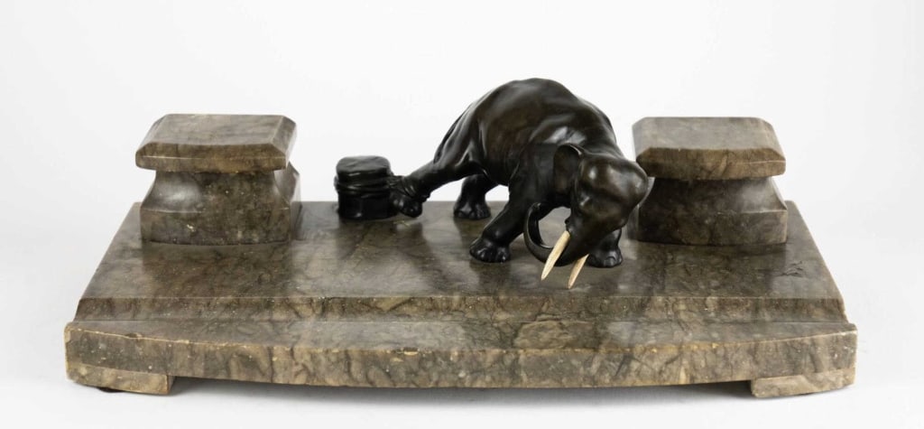 ART DECO MARBLE & BRONZE ELEPHANT DESK SET (1 of 5)