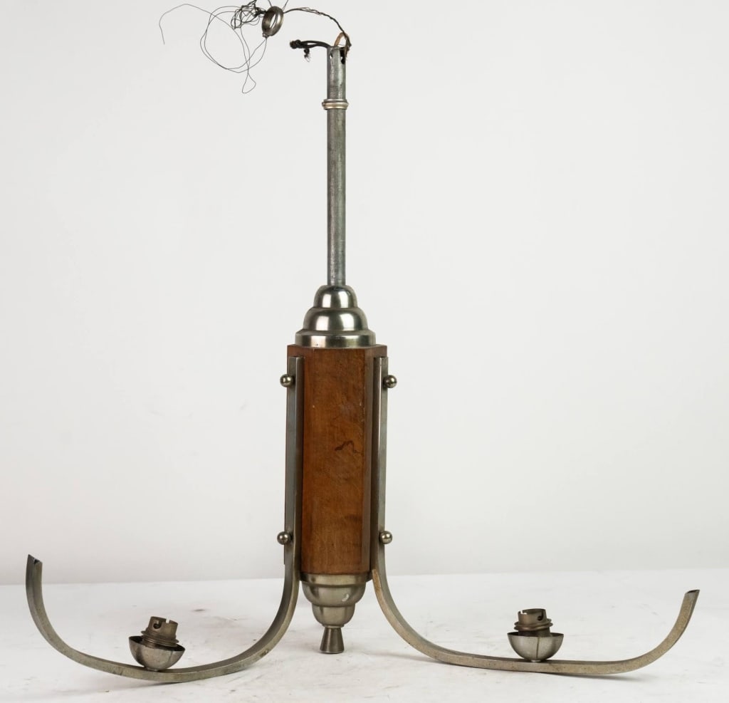 DANISH WOOD AND CHROME MCM THREE LIGHT CHANDELIER (1 of 6)