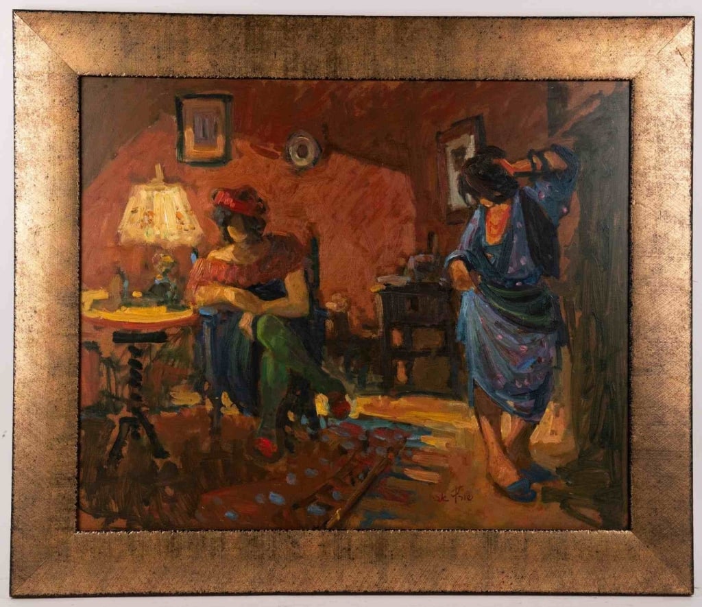 GENRE INTERIOR WITH TWO WOMEN, OIL ON BOARD: Oil on board, signed in Hebrew at lower center, gilt frame. Note: Each lot in this auction was stored in an active industrial warehouse. Accordingly, lots may exhibit dust and/or surface residue and m