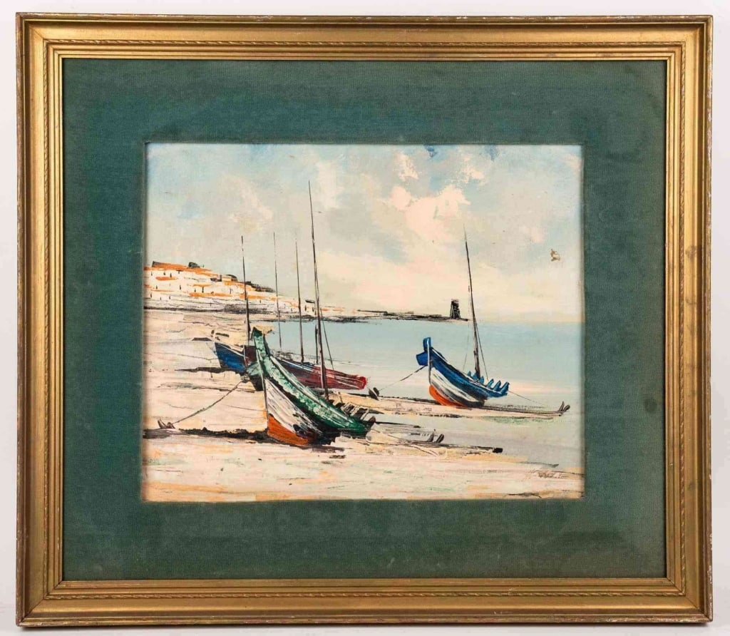 IMPRESSIONIST SEASCAPE, OIL ON BOARD, SIGNED: Mediterranean style beach with fishing boats and distant tower; oil on board; indistinct signature lower right; gilt frame with green fabric mat. Note: Each lot in this auction was stored in an active