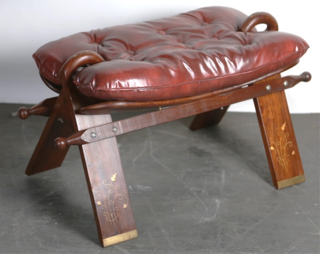 ROSEWOOD BRASS INLAID TUFTED CAMEL SEAT: Rosewood brass inlaid tufted camel seat. Note: Each lot in this auction was stored in an active industrial warehouse. Accordingly, lots may exhibit dust and/or surface residue and may benefit from cle