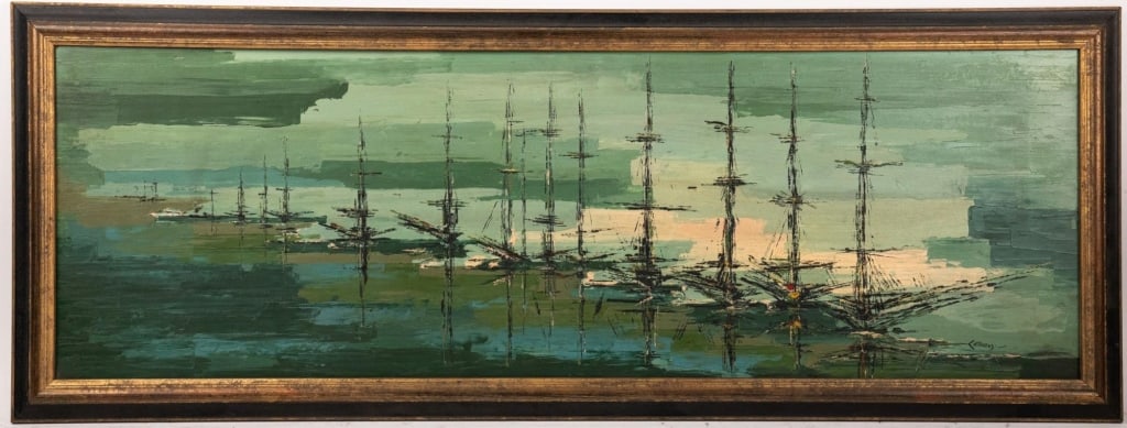CATHONY, MODERNIST SEASCAPE, OIL ON BOARD: Oil on board. Signed to lr. Framed. Note: Each lot in this auction was stored in an active industrial warehouse. Accordingly, lots may exhibit dust and/or surface residue and may benefit from cleaning