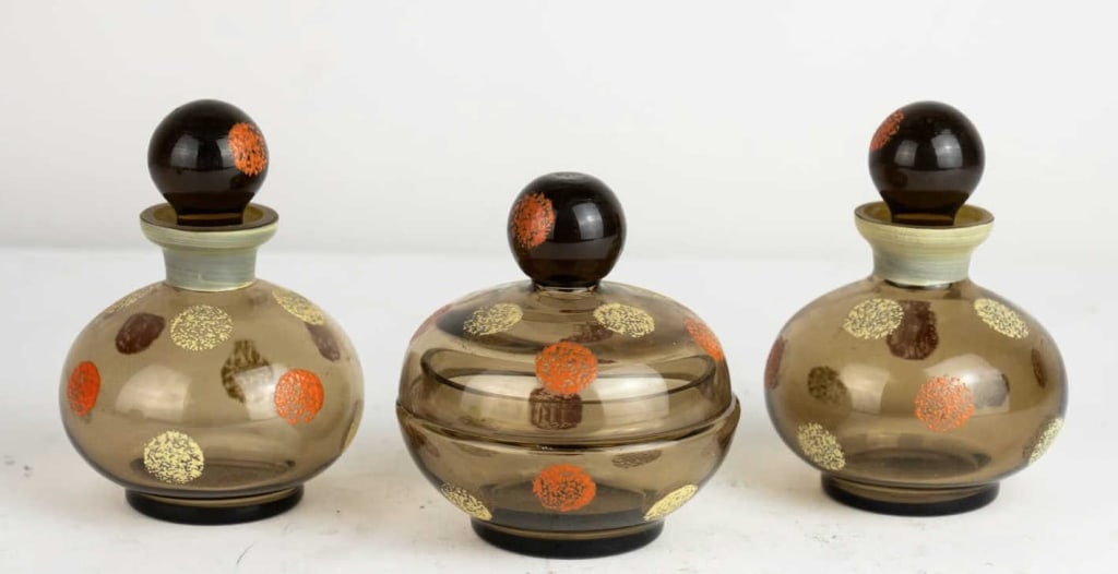 MIDCENTURY SET OF 3 MODERN GLASS BOTTLES AND BOX (1 of 3)