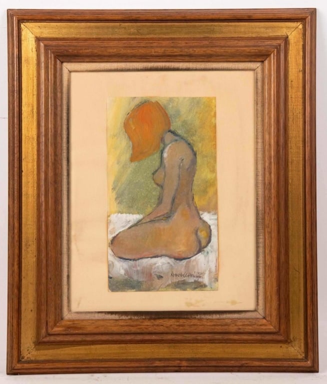 MODERNIST FEMALE NUDE, SIGNED DOSTOLOVA, 1965: Mixed media on paper, signed and dated LR. Framed. Note: Each lot in this auction was stored in an active industrial warehouse. Accordingly, lots may exhibit dust and/or surface residue and may benefi