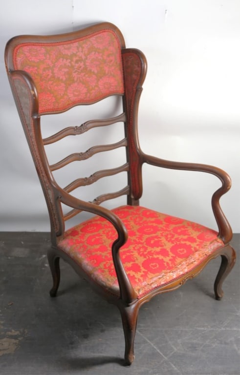 FRENCH VINTAGE LADDER BACK ARMCHAIR: French vintage ladder back armchair. Note: Each lot in this auction was stored in an active industrial warehouse. Accordingly, lots may exhibit dust and/or surface residue and may benefit from cleanin