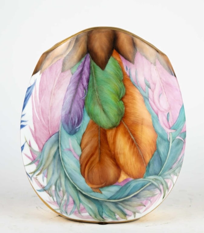 ITALIAN HAND-PAINTED PORCELAIN VASE BY A. CIPRIANI: Italian hand-painted porcelain vase by a. Cipriani original price $1,800. Note: Each lot in this auction was stored in an active industrial warehouse. Accordingly, lots may exhibit dust and/or surface