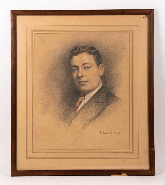 F. ENID STODDARD, CRAYON PORTRAIT OF A MAN: Florence Enid Stoddard (British, 1882-1962). Portrait of a Businessman, pastel on paper. Signed to LR. Framed. Note: Each lot in this auction was stored in an active industrial warehouse. Accordingly,