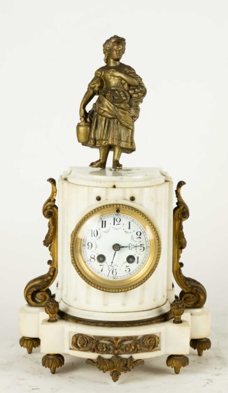 FRENCH 19TH C. MARBLE CLOCK: French, 19th century. Hand painted, porcelain face, white marble. Note: Each lot in this auction was stored in an active industrial warehouse. Accordingly, lots may exhibit dust and/or surface residue