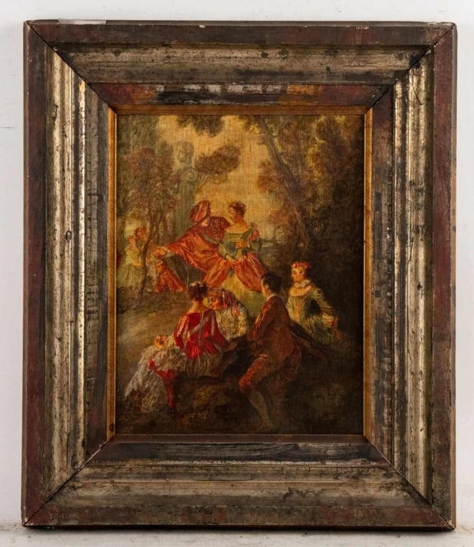 GARDEN PARTY GENRE SCENE, OIL ON CANVAS: Garden party genre scene, oil on canvas, unsigned, in distressed frame. Note: Each lot in this auction was stored in an active industrial warehouse. Accordingly, lots may exhibit dust and/or surface r