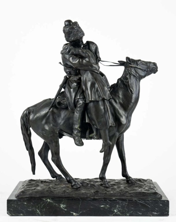 AFTER LANCERAY 'THE FAREWELL KISS' BRONZE: After lanceray 'the farewell kiss' bronze sculpture. Note: Each lot in this auction was stored in an active industrial warehouse. Accordingly, lots may exhibit dust and/or surface residue and may bene